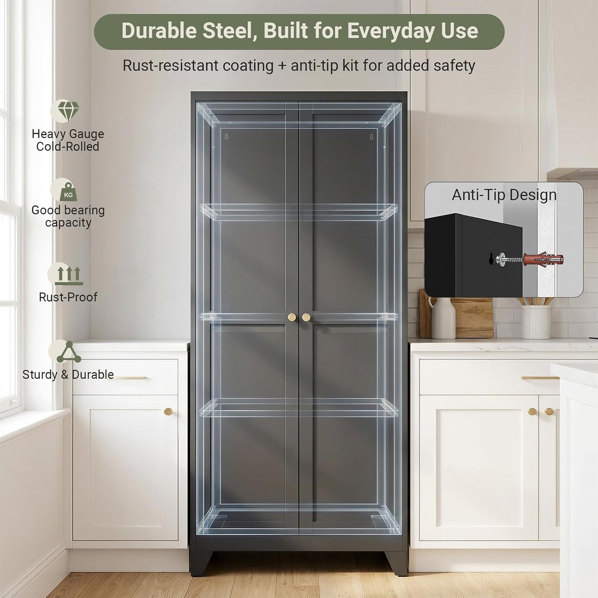 71" Metal Kitchen Storage Cabinet with Doors, Freestanding Steel Pantry Cabinet, 4 Adjustable Shelves, for Dining Room, Black