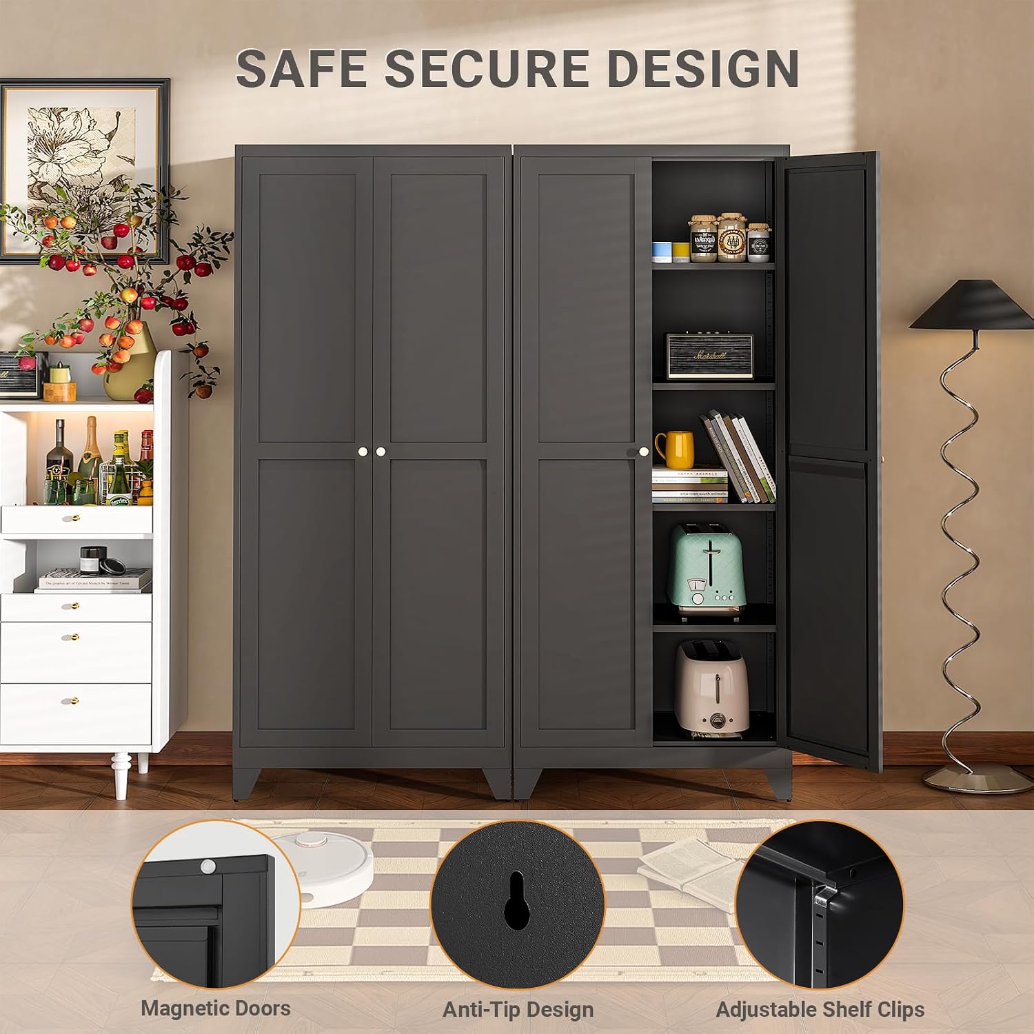 75" Metal Kitchen Pantry Cabinet with Dual Opening Design, Tall Storage Cabinet with Large Capacity, Freestanding Cupboard,Ideal for Small Space Organization, Black