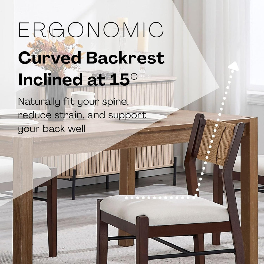 BESTANO Modern Armless Dining Chairs with Rope Woven Back Set of 2, White Upholstered Kitchen & Dining Room Chairs, Mid-Century Classic Farmhouse Wooden Side Chair