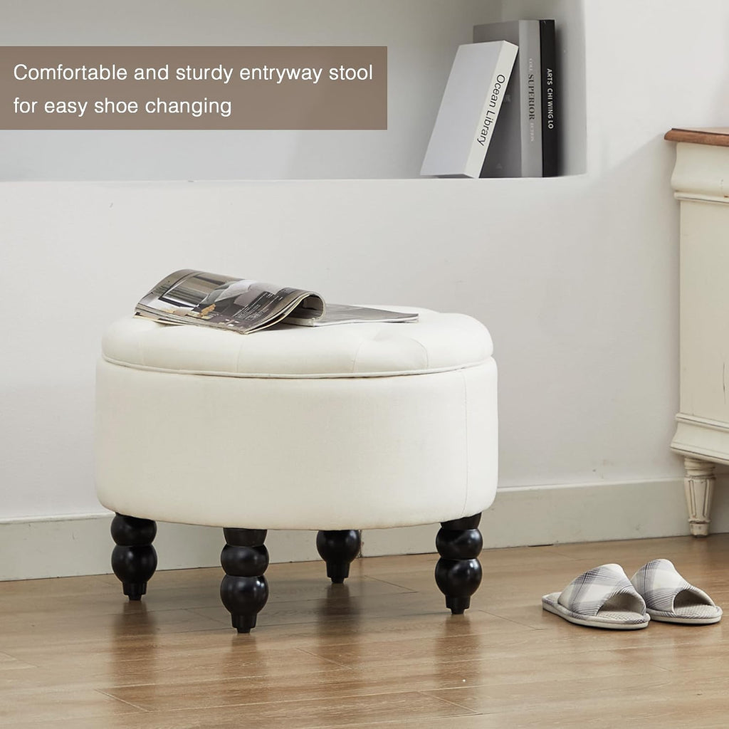 24 Inch Fabric Round Ottoman with Storage, Modern Upholstered Button Tufted Ottoman Coffee Table with Tray Lid, Circle Footstool with Storage for Living Room, Bedroom, White