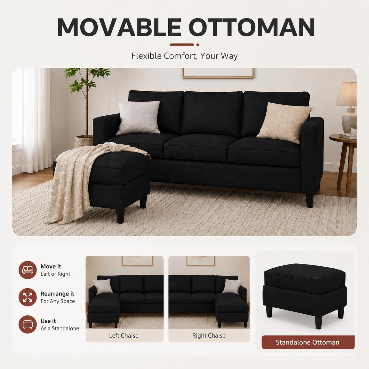 Nuturelly 73.6" L-Shaped Small Sectional Sofa with Ottoman, Black | Tool-Free Assembly, 3-Seater, Medium-Firm Foam+Springs, Pet-Friendly Microfiber, 5.9" Leg Clearance, Spot-Clean Only