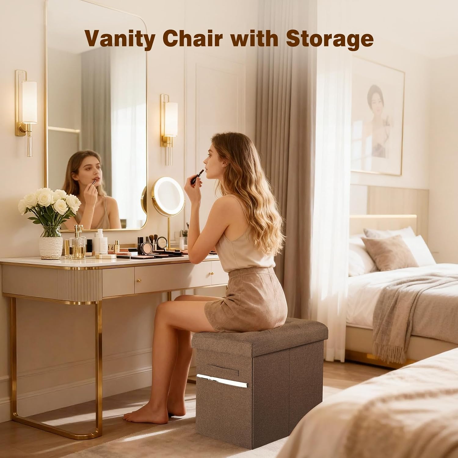 Storage Ottoman Cube, 17" High Folding Linen Foot Rest for Bedroom, Brown | Small Ottoman with Storage for Dorm with Thicker Foam Padded Seat. Foot Stools Ottoman with Side Pocket & Handles, 17x13x13in