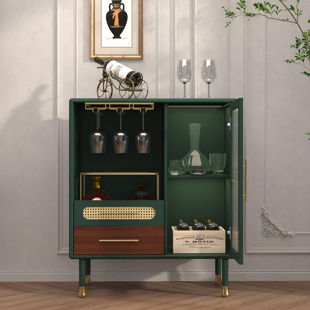 ARTPOWER Modern Coffee Bar Cabinet with Pull-Out Wine Storage, Green | Bar Cart with Wine Glass Rack and Drawers, Liquor Cabinet for Kitchen, Dining Room, Living Room