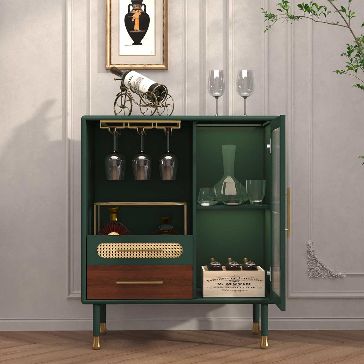 ARTPOWER Modern Coffee Bar Cabinet with Pull-Out Wine Storage, Green | Bar Cart with Wine Glass Rack and Drawers, Liquor Cabinet for Kitchen, Dining Room, Living Room