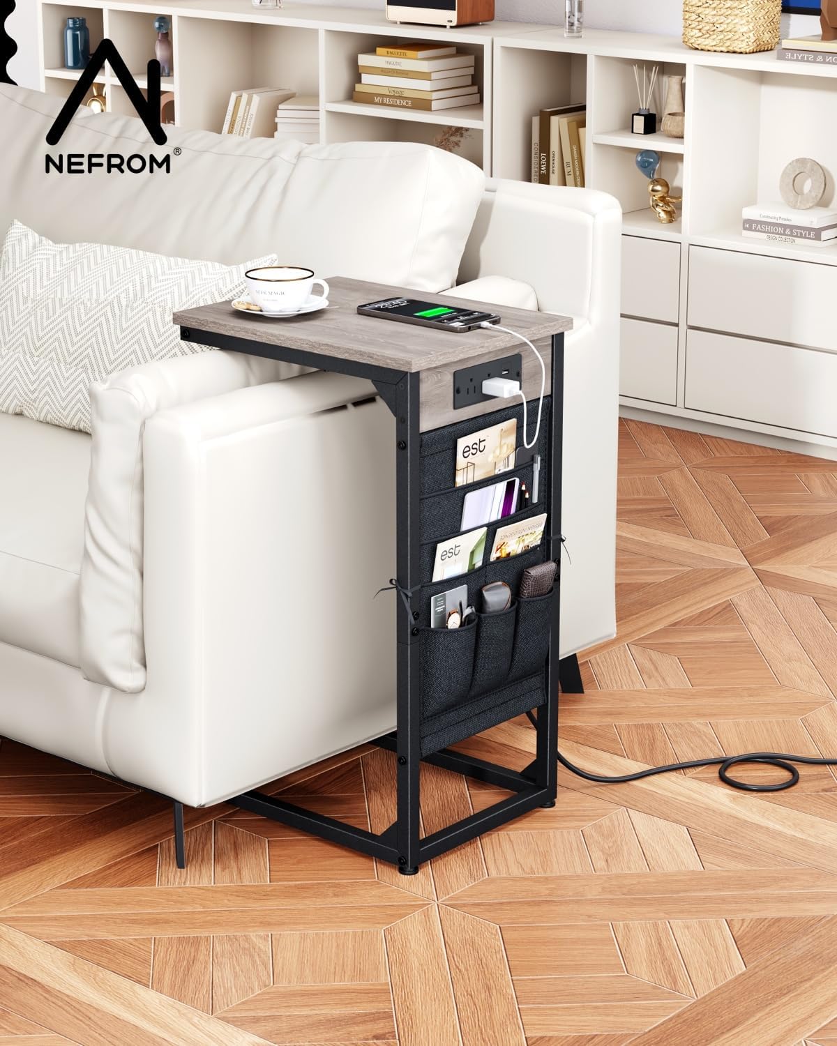 C-Shaped End Table with Fast-Charging Station, Small Couch Side Table with Storage Bag, Sofa TV Tray Table for Living Room, Bedroom, Bedside ET-GY-1