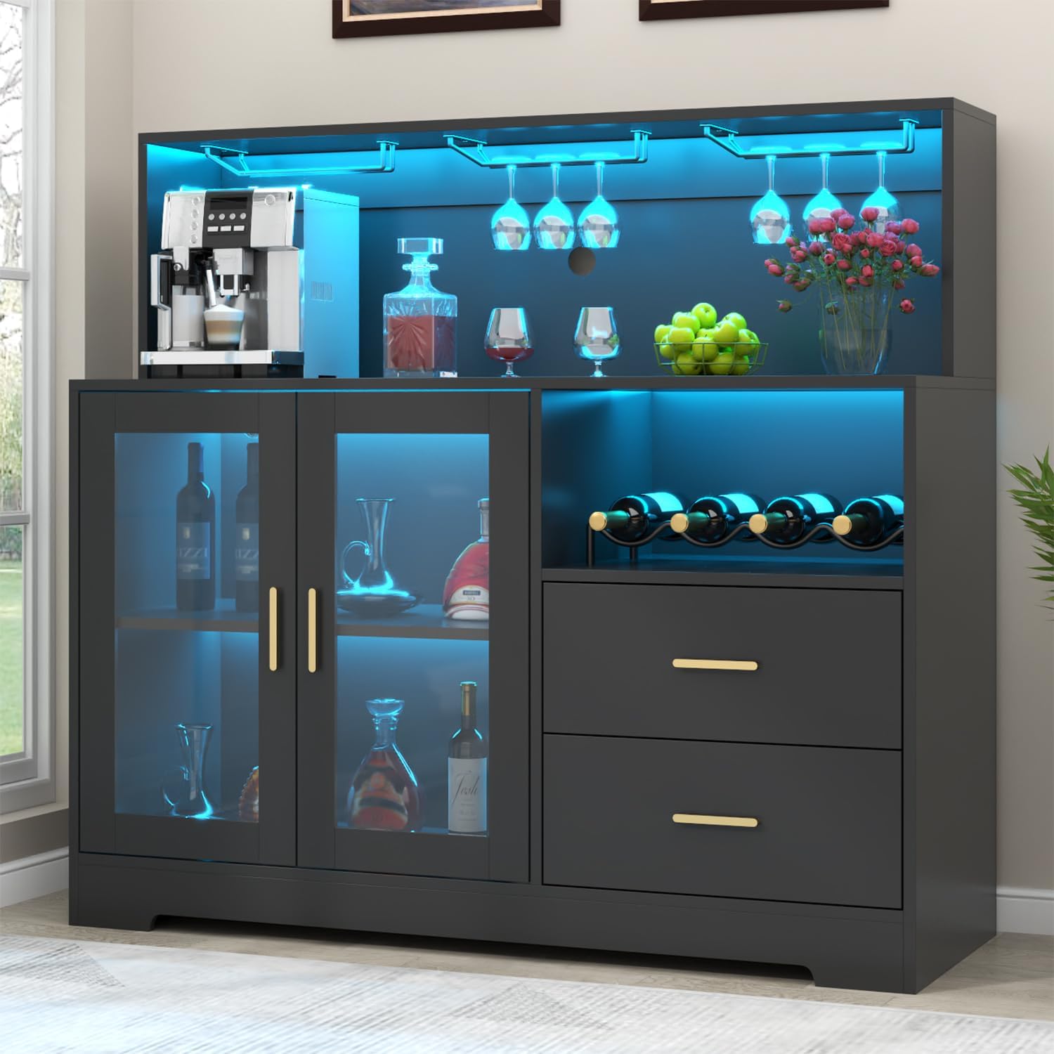 Bar Cabinet for Home with LED Light,Coffee Bar Cabinet w/ Wine & Glass Rack | Wine Cabinets with Drawers & Microwave Stand, Modern Liquor Cabinets for Kitchen, Living Room, Dining Room (Black)