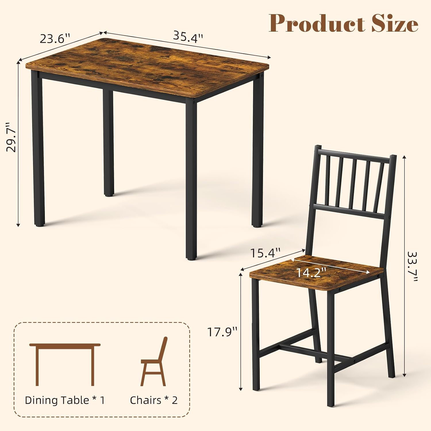 Yafylly Small Space 3 Piece Dining Table Set for 2, Compact Kitchen Table Set with 2 Chairs & Adjustable Feet, Modern Breakfast Nook Furniture for Apartment, Dorm, or Home, Rustic Brown