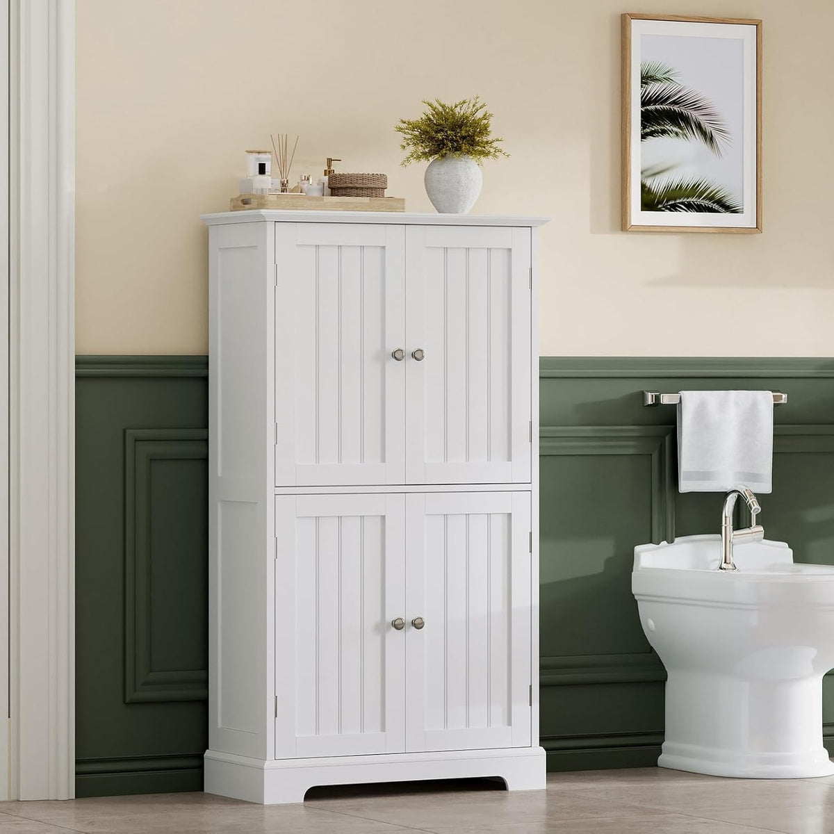 ChooChoo Bathroom Floor Cabinet, Modern Bathroom Storage Cabinet with 4 Doors and Adjustable Shelves, Freestanding Cupboard for Living Room, White | Bathroom Storage Cabinet, 4 Doors, Freestanding Cupboard for Living Room, White