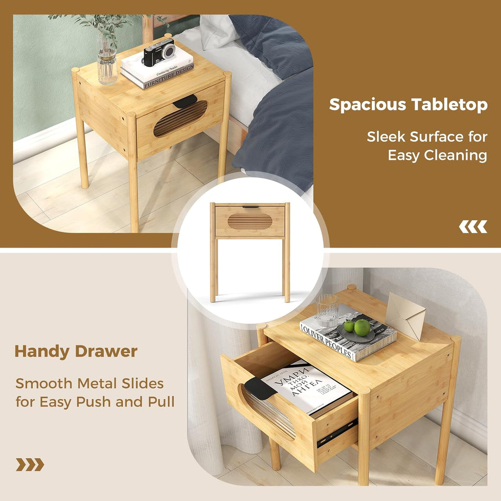 Giantex Bamboo Nightstand Set of 2, Mid Century Modern Bedside Table with Tempered Glass Decorated Drawer, Boho End Table for Bedroom, Living Room and Small Spaces, 16" L x 16" W x 20" H, Natural