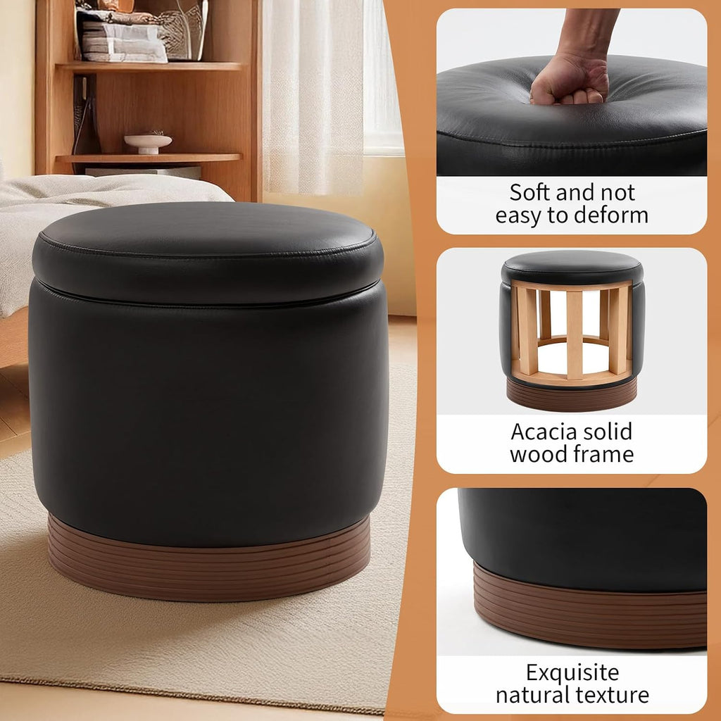 19" Round Swivel Storage Ottoman with Tray Top, Upholstered Faux Leather Foot Stool with Solid Acacia Wood Base 500 lbs Modern Accent Footrest for Living Room & Bedroom Fully Assembled Black