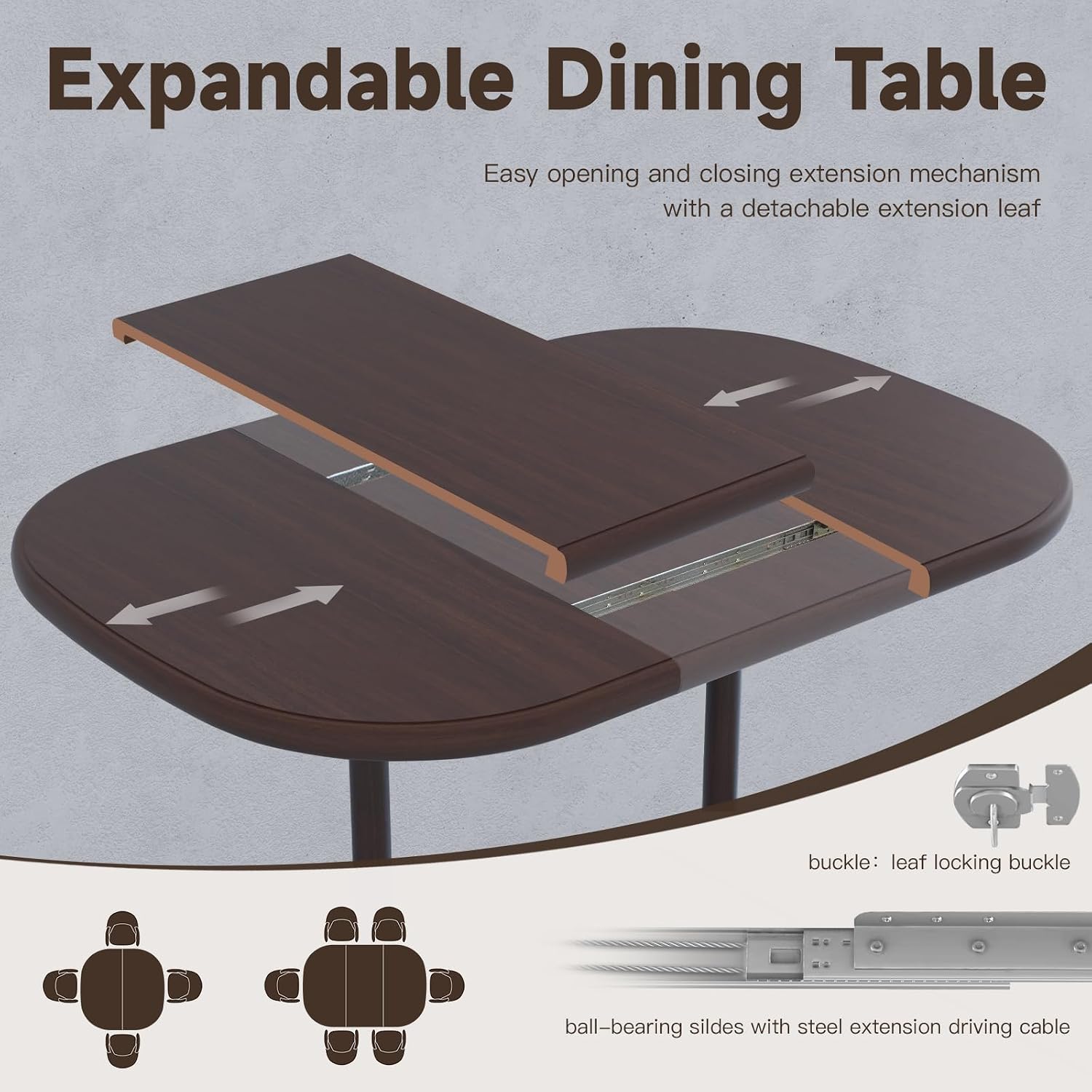 Chromcraft Table for 4 Person and 6 Person, Extendable Wooden Kitchen Room Table with 18" Extension Leaf (Walnut)