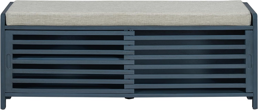 LUMISOL Shoe Bench with Storage and Cushion, Farmhouse Distressed Shutter Storage Bench with Retro Charm for Living Room, Entryway, Navy