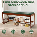 FAHKNS Shoe Bench with Leather Cushion 2 Tiers Shoe Rack 39.4" Rubberwood Shoe Organizer for Hallway, Living Room, Bedroom, Closet