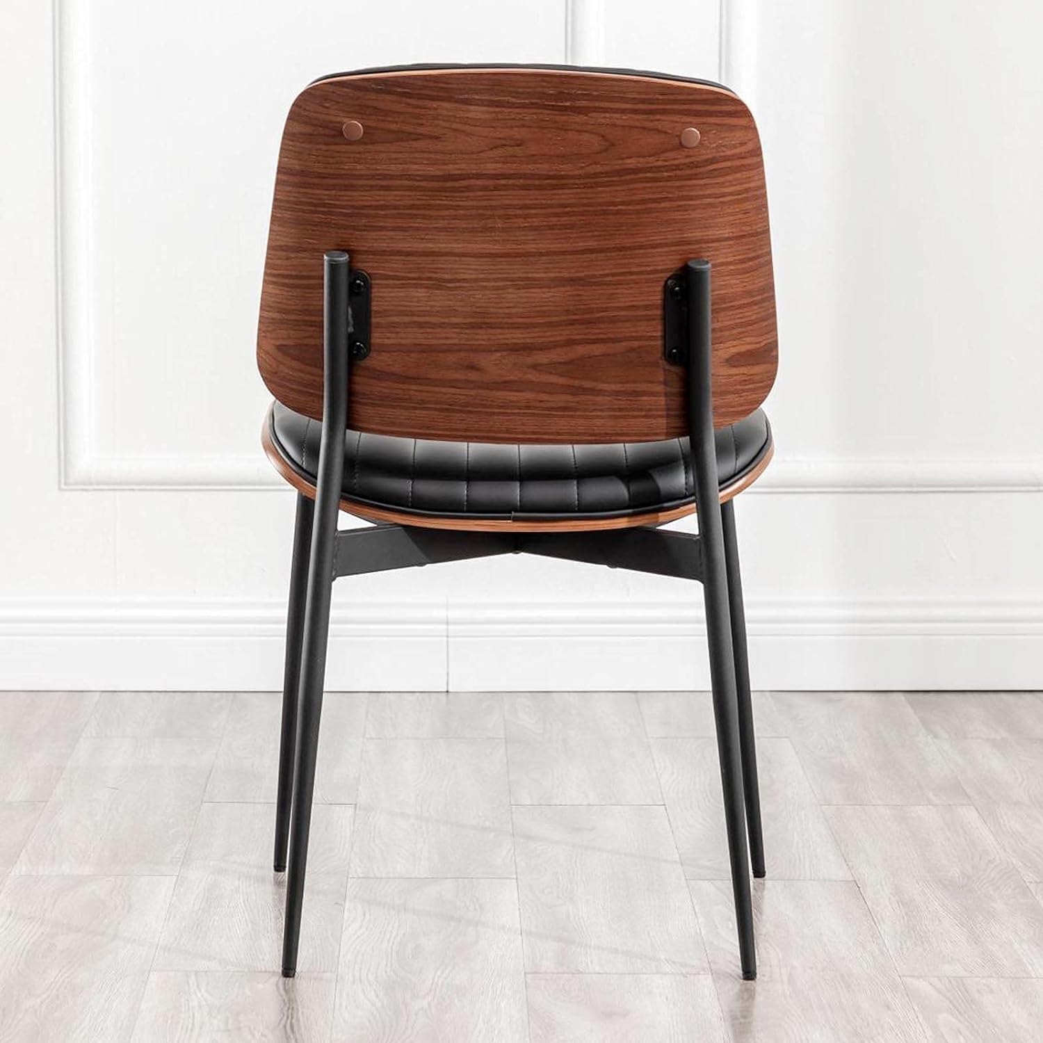 LUNLING Dining Chairs Set of 4 Mid Century Modern Retro Faux Leather Chair with Walnut Bentwood Upholstered Seat Metal Legs Chairs Adjustable Foot for Kitchen Dining Room Chairs,Black