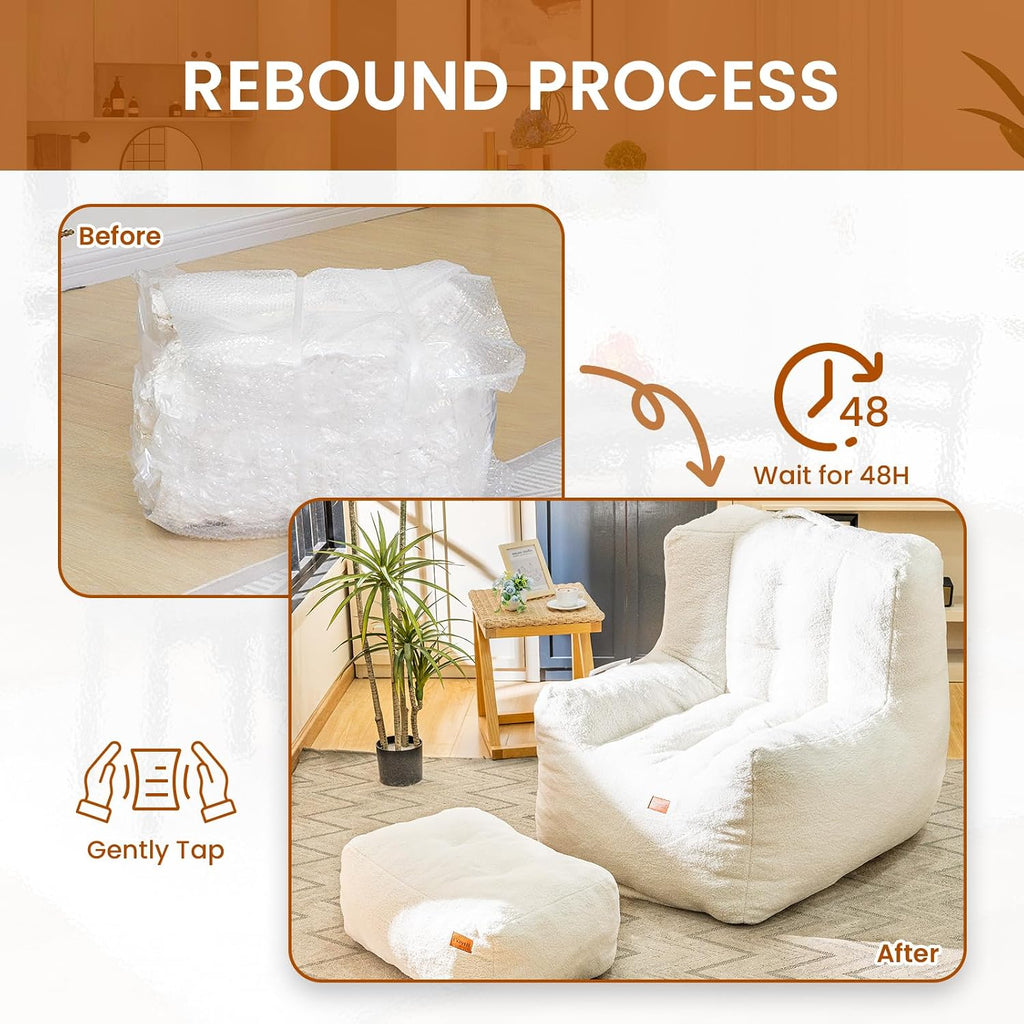 Cvortll Giant Bean Bag Chair for Adults with Ottoman, High-Density Oversized Bean Bag Sofa, Cozy Lazy Comfy Floor Sofa for Bedroom, Reading Chair for Living Room, White