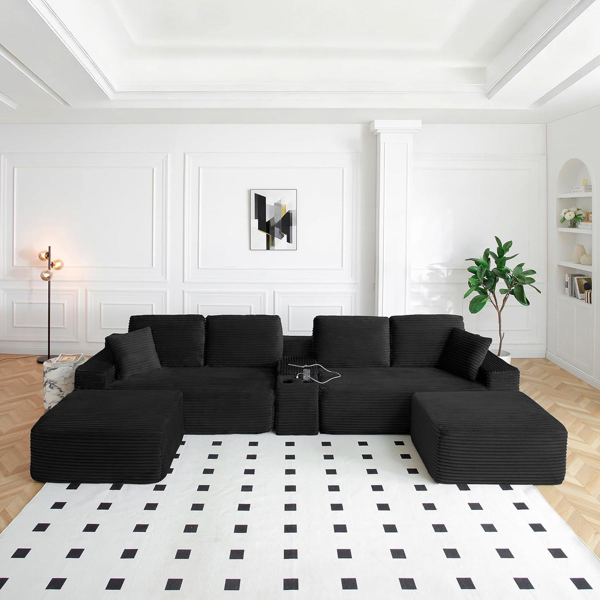 ivoros 150 Inch Modular Sectional Sofa Couch, Oversized Modern Cloud Couch for Living Room, U Shape Couches with 2 Ottomans, USB Ports and Cup Holders, Black Corduroy Sofas, Sofa in a Box