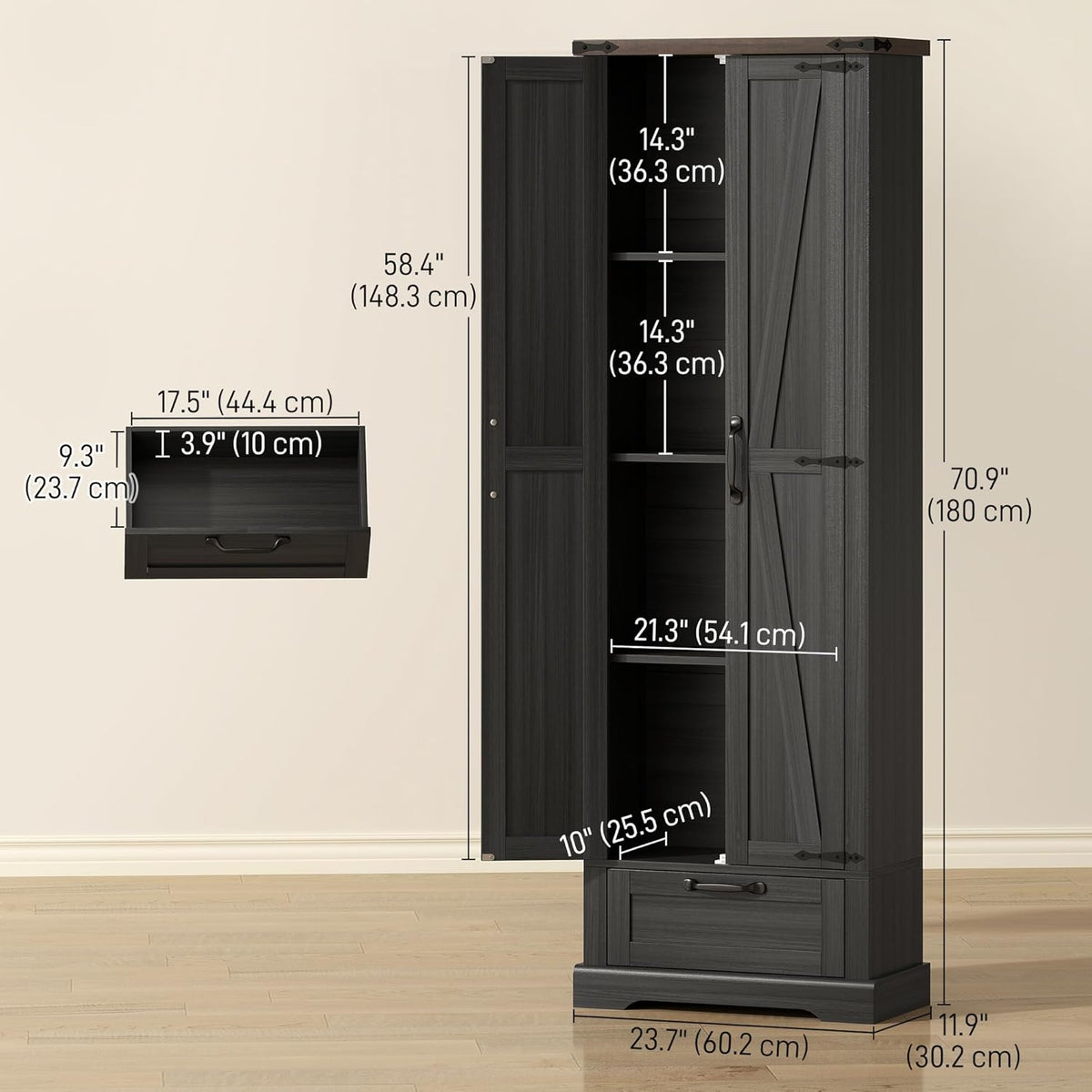 HOMCOM 71" Tall Kitchen Pantry, Farmhouse Storage Cabinet with Barn Doors, Drawer and Adjustable Shelves, Freestanding Food Pantry Cabinet for Kitchen, Dining Room, Black