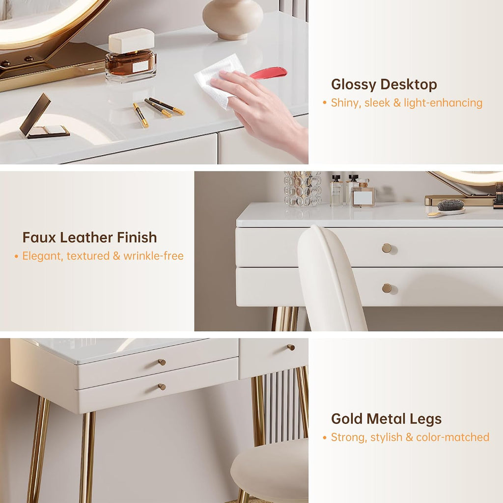 KDCAS 39" White and Gold Vanity with Lights and Chair