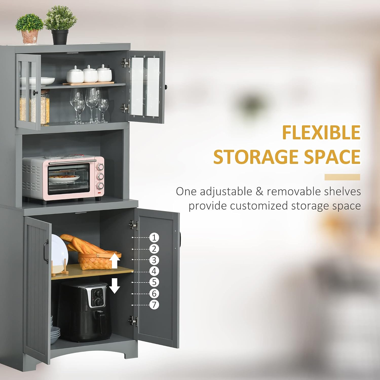 HOMCOM Kitchen Hutch 70" Pantry Cabinet Glass Framed Door Dining Room Gray | Storage Cabinet, Adjustable Shelves, Microwave Space