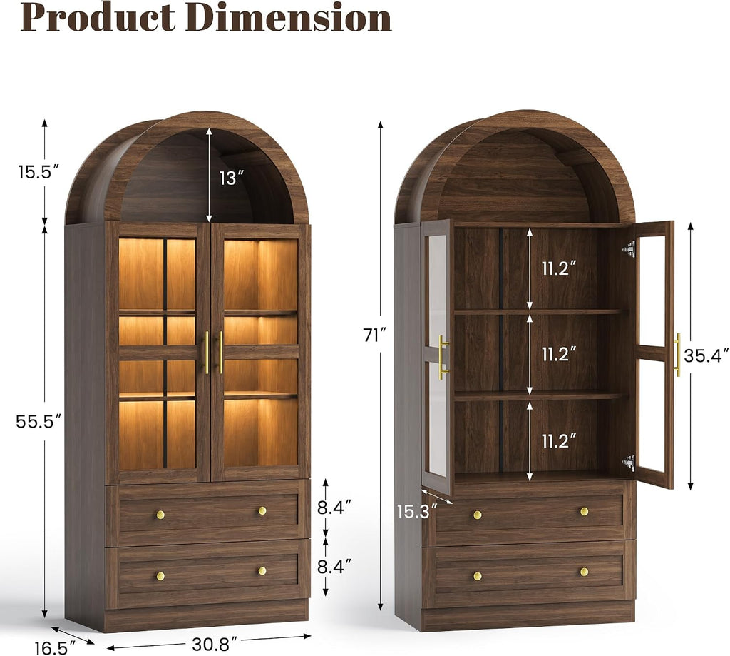 Pamapic Arched Kitchen Pantry Cabinet, 71" Tall Arched Cabinet with LED Light & Glass Doors, Farmhouse Kitchen Storage Cabinet with 2 Large Drawers, Wooden Pantry for Dining Room, Living Room (Brown)