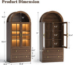 Pamapic Arched Kitchen Pantry Cabinet, 71" Tall Arched Cabinet with LED Light & Glass Doors, Farmhouse Kitchen Storage Cabinet with 2 Large Drawers, Wooden Pantry for Dining Room, Living Room (Brown)