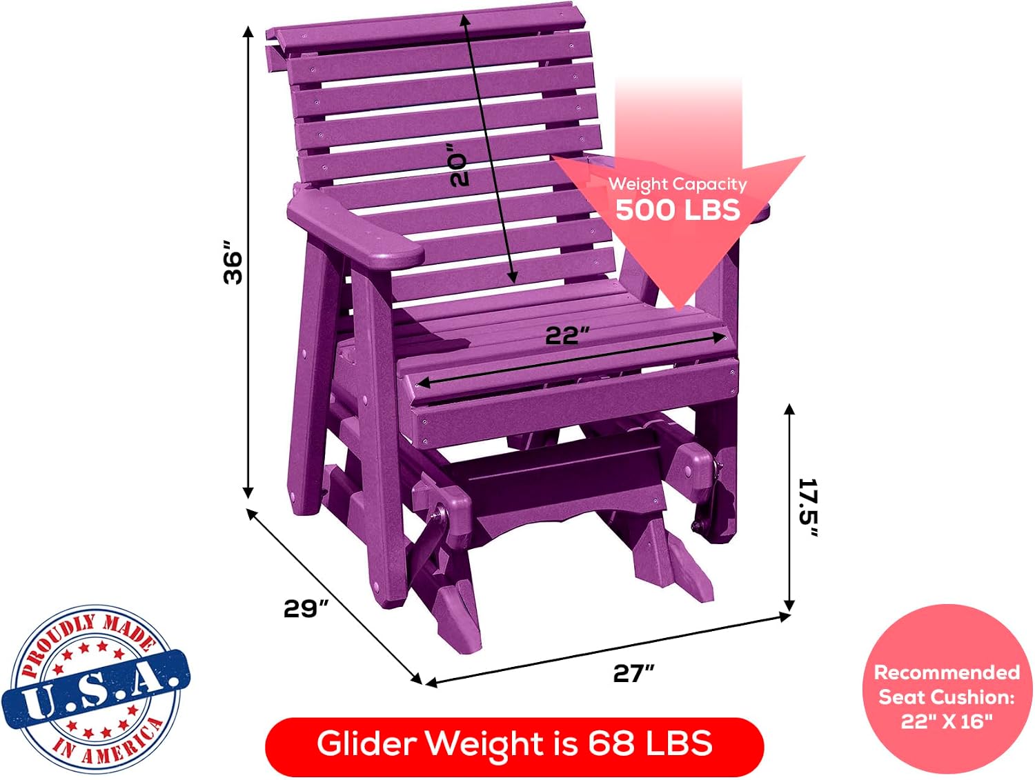 Amish Craftsmanship Made in USA 2FT Heavy Duty Poly Lumber Wood Porch Glider Premium Colors HDPE with No Wood fibers Lancaster Series Rollback Design 500 lbs Limit Solid-Purple