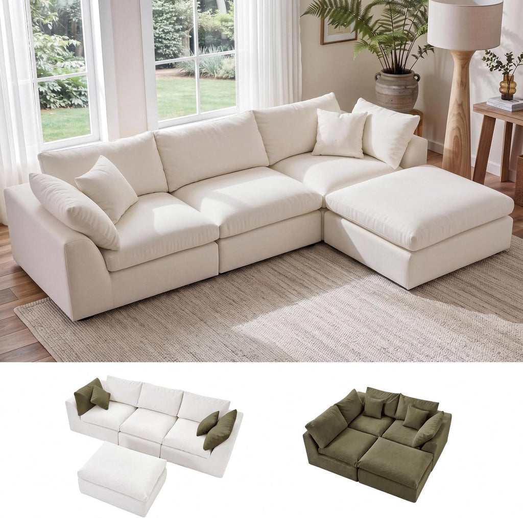 Amsleekey 108" Cloud Sectional Couch with 2 Washable Cover Sets | L-Shaped Modular Sofa with Ottoman, Deep Seat Couch for living room, DIY Covers in White and Green