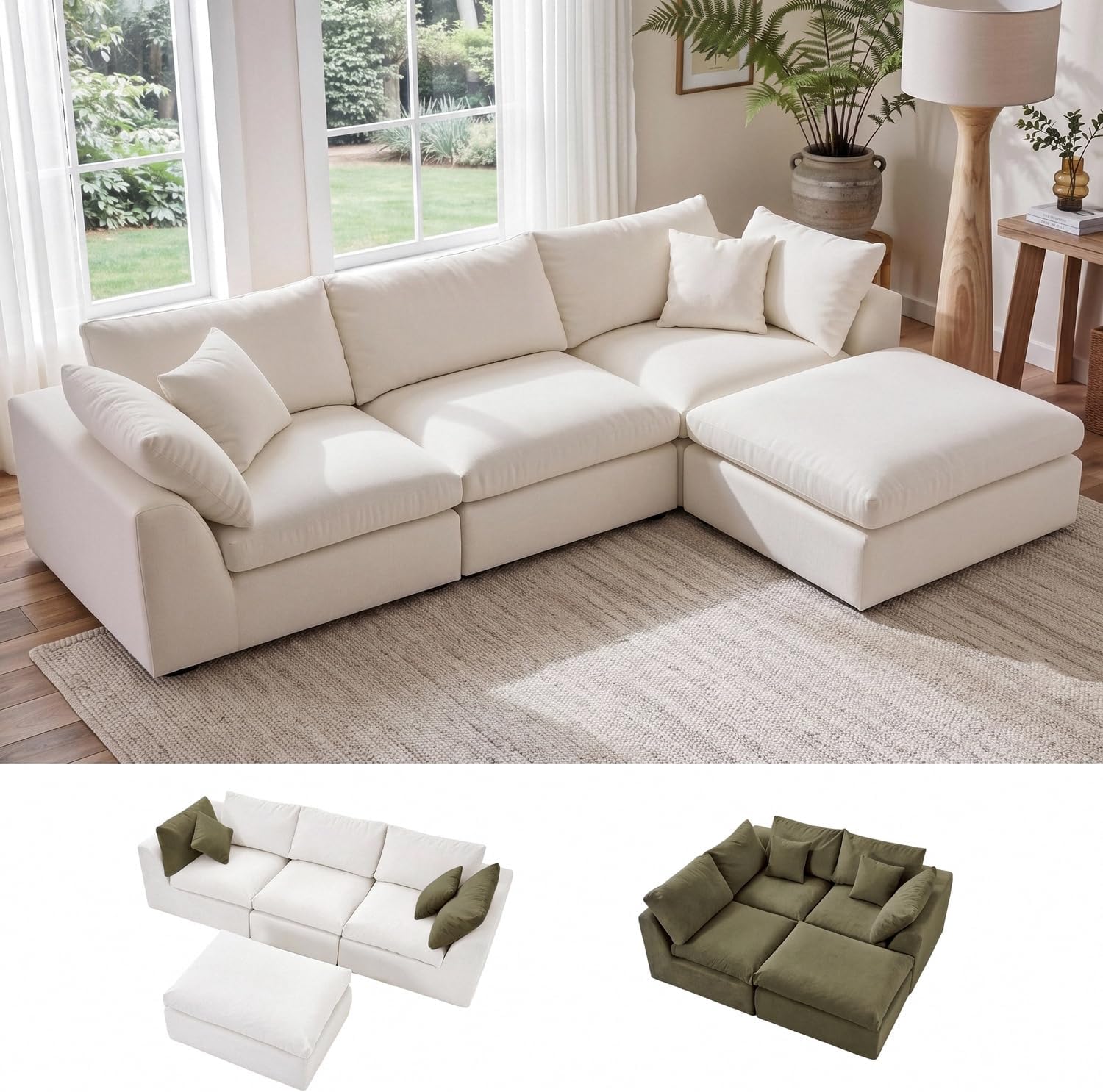 Amsleekey 108" Cloud Sectional Couch with 2 Washable Cover Sets | L-Shaped Modular Sofa with Ottoman, Deep Seat Couch for living room, DIY Covers in White and Green