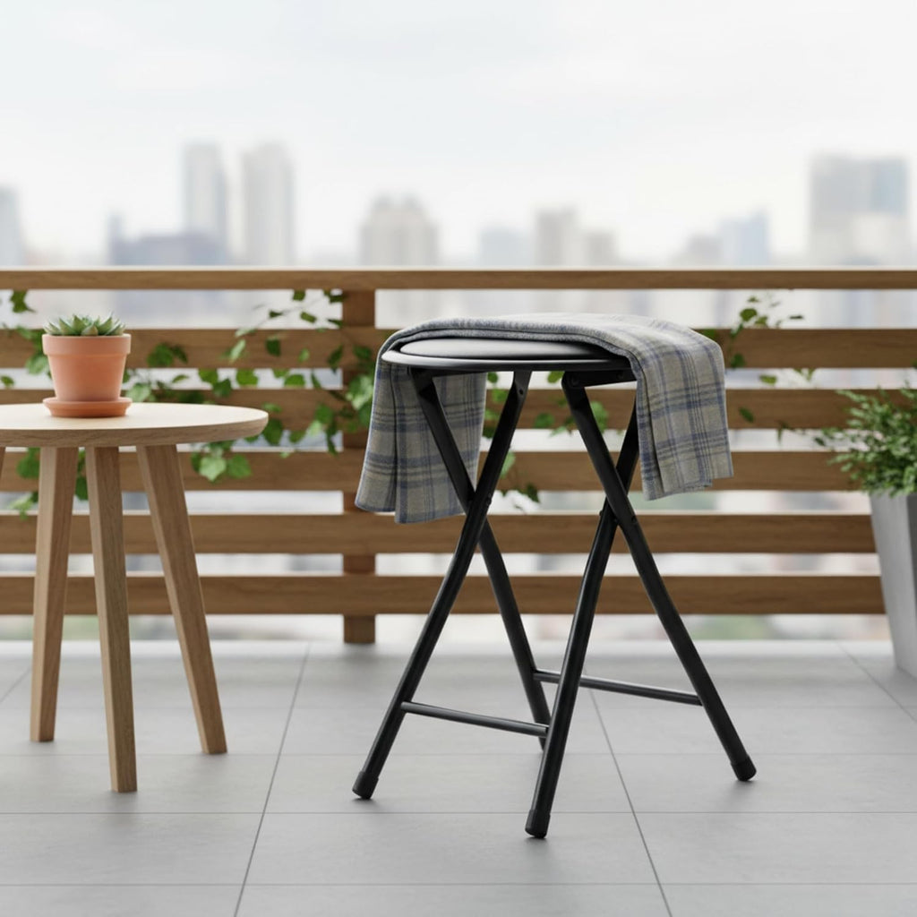 FurnitureR Folding Stool, Backless 18-Inch Stool Chair Collapsible Padded Round Portable for Indoor/Outdoor, Metal Frame, PVC Cushion, No Assembly Required, Set of 1, Black