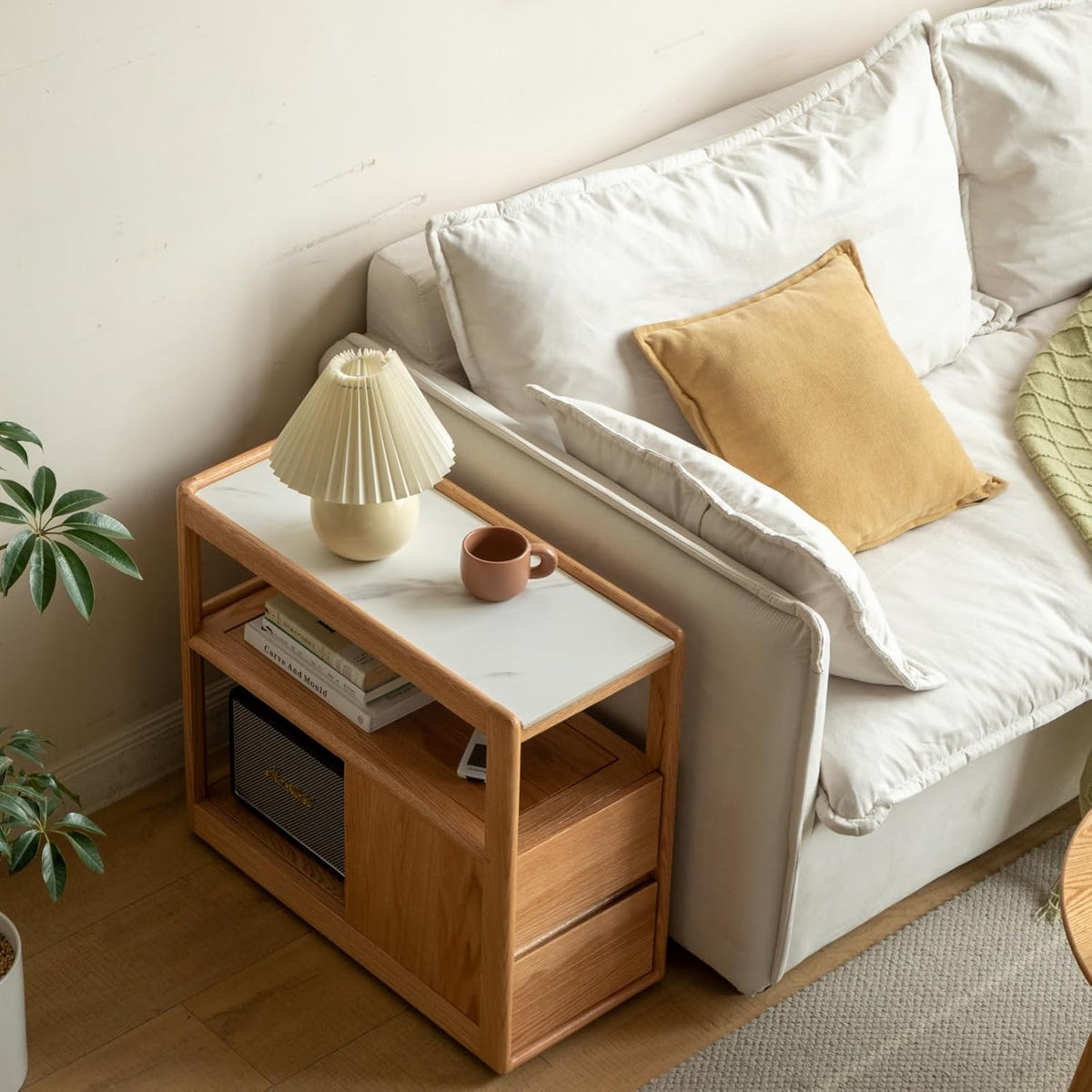 100% Solid Wood Side Table with Storage, Narrow End Table with 2 Drawers, Slim Nightstand and Small Bedside Table with Wheels for Living Room Kitchen Bedroom(Natural, 15.75" D x 26.77" W x 21.65" H)