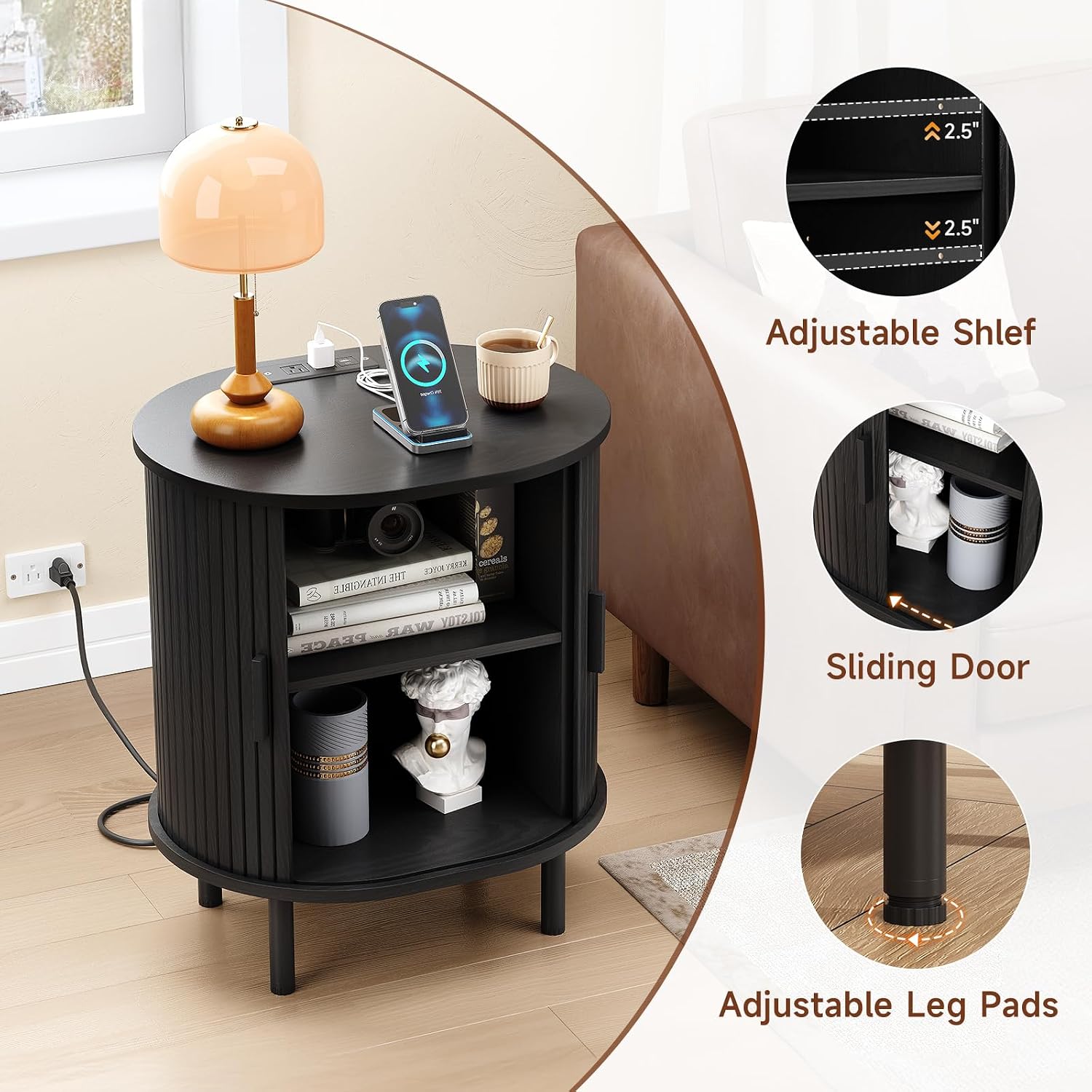 ONBRILL Oval End Table with Charging Station, Sliding Door, Black(2-Pack)