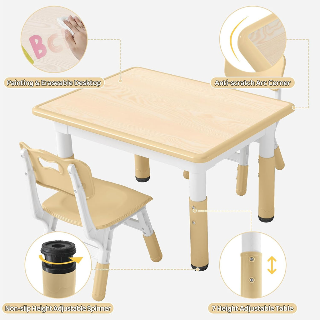 DOREROOM Adjustable Kids Table & 2 Chairs Set, 31.5" L x 23.6" W, Beige-W | Graffiti Desktop,Table Supports 300 lbs,Toddler Ages 2-8，FSC-certified, Children Activity Table for Daycare, Classroom, Home