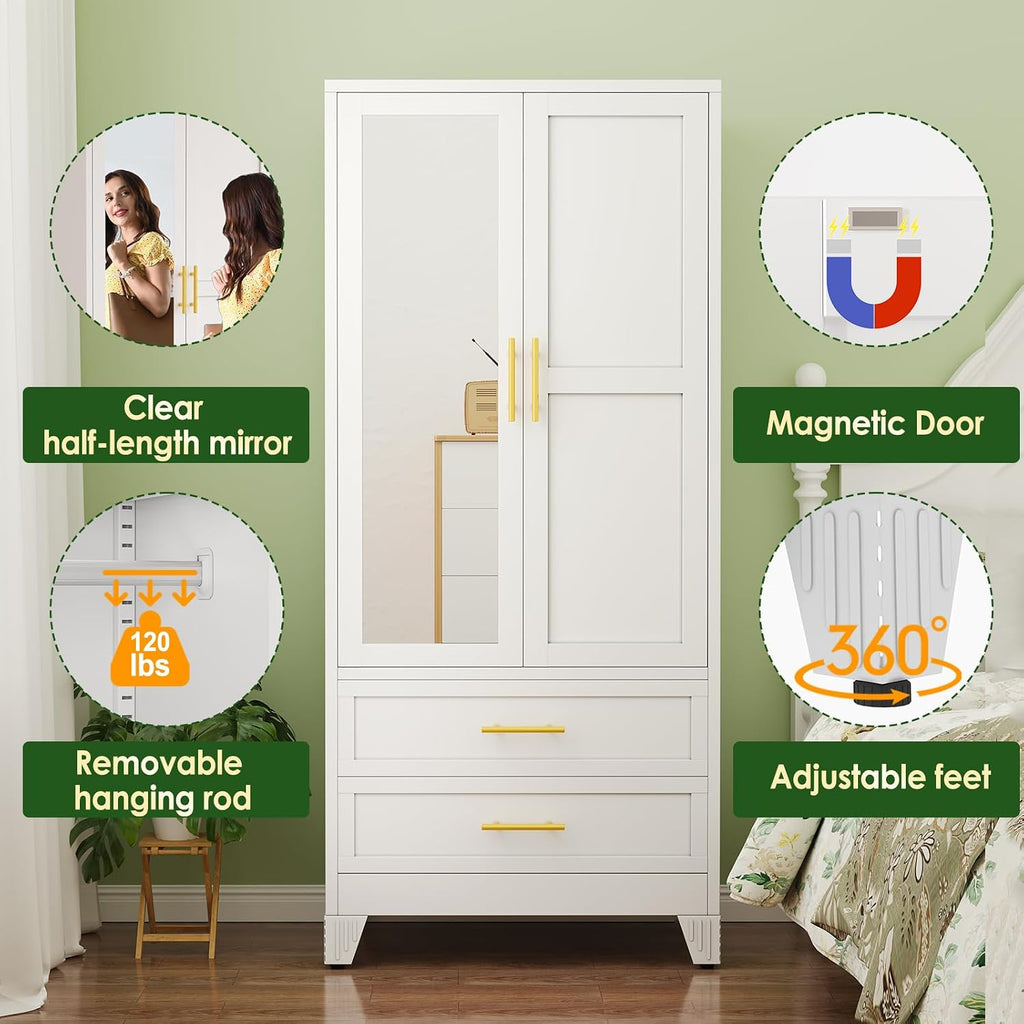 winiowa Metal Armoire Wardrobe Closet with 2 Drawers, 71" Wardrobe Cabinet with Adjustable Shelves and Hanging Rod, Clothing Storage Cabinet Closet with Mirror for Bedroom-White