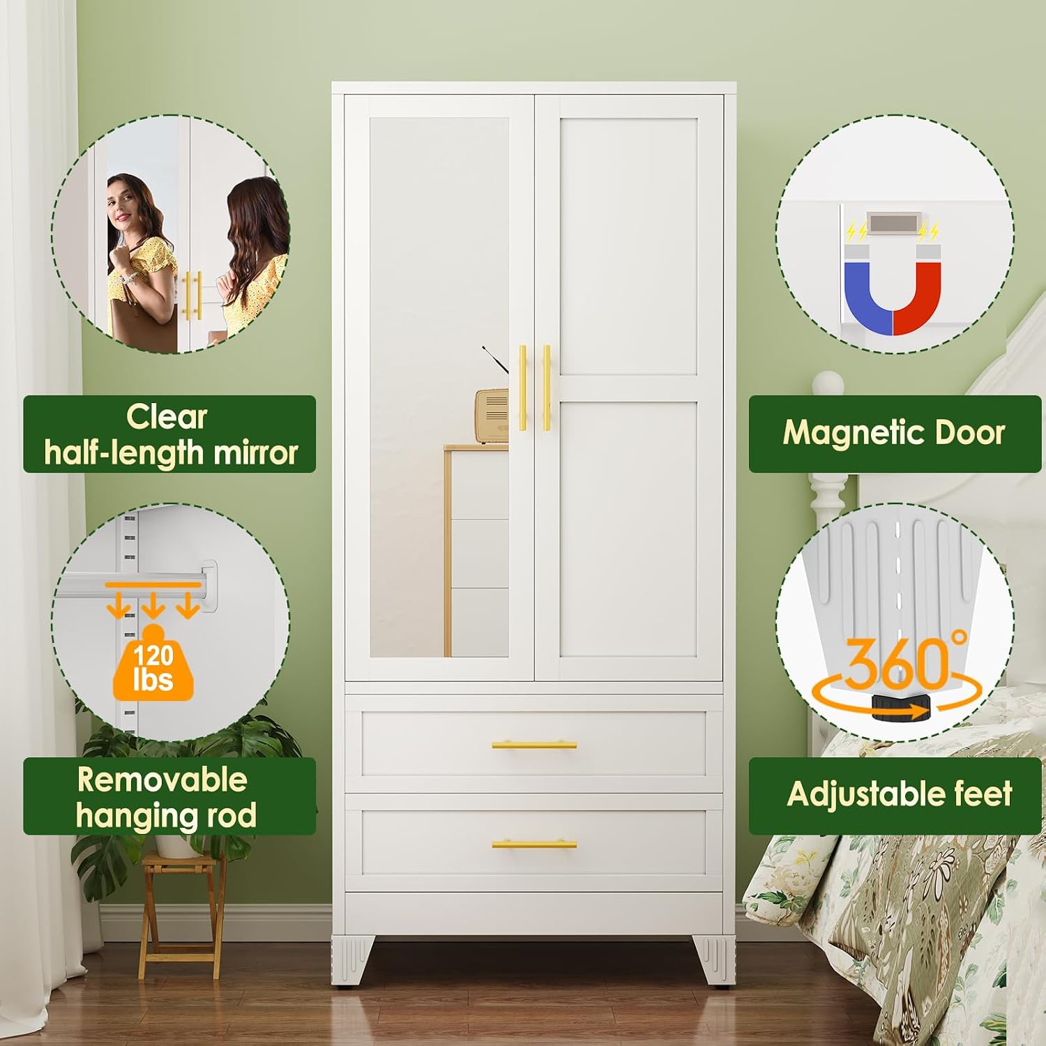 winiowa Metal Armoire Wardrobe Closet with 2 Drawers, 71" Wardrobe Cabinet with Adjustable Shelves and Hanging Rod, Clothing Storage Cabinet Closet with Mirror for Bedroom-White