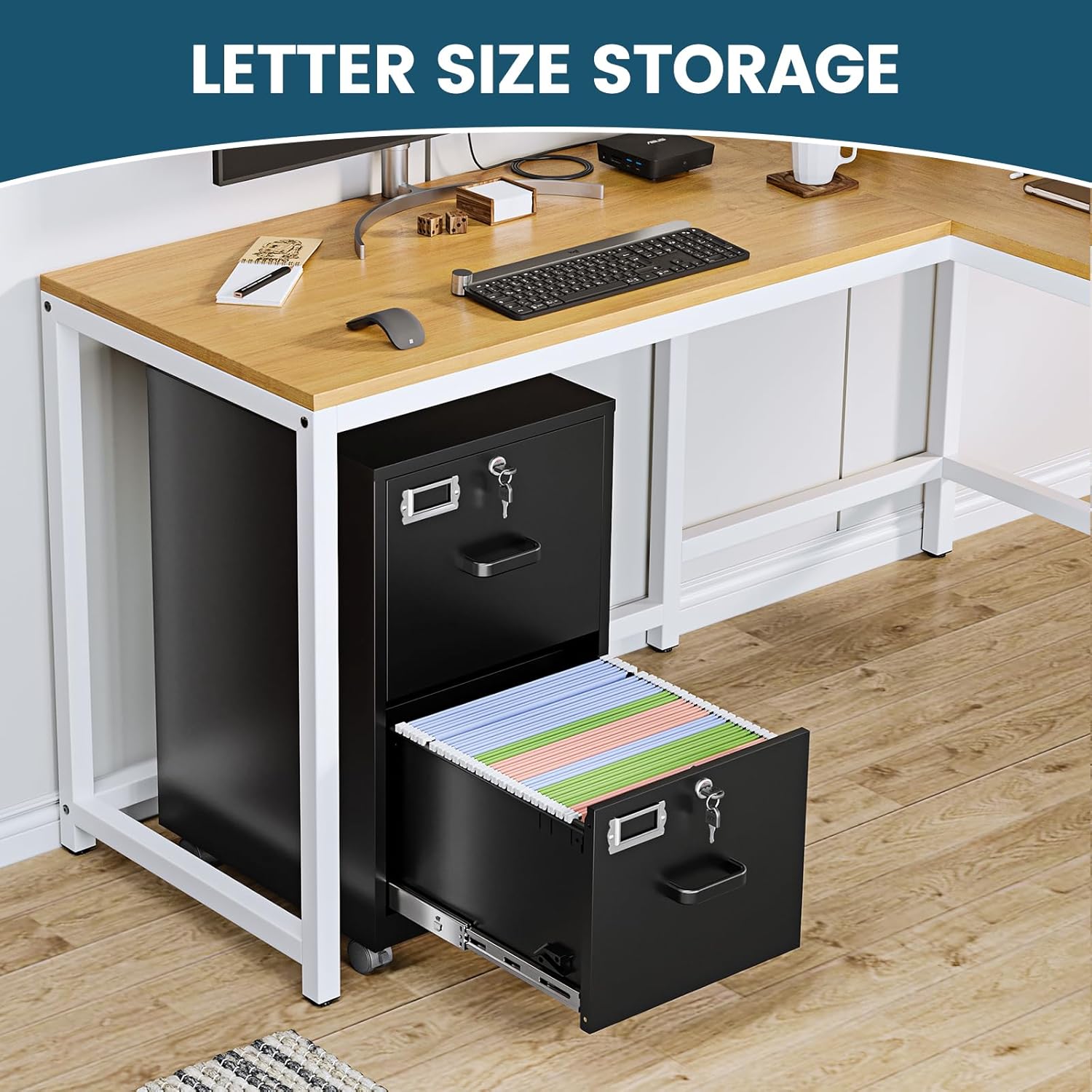 MIIIKO 2 Drawer File Cabinet with Lock, Vertical Metal Filing Cabinets for Home Office, Lockable Storage File Cabinets Under Desk, A4/Letter File Folders(Black)-Assembly Required