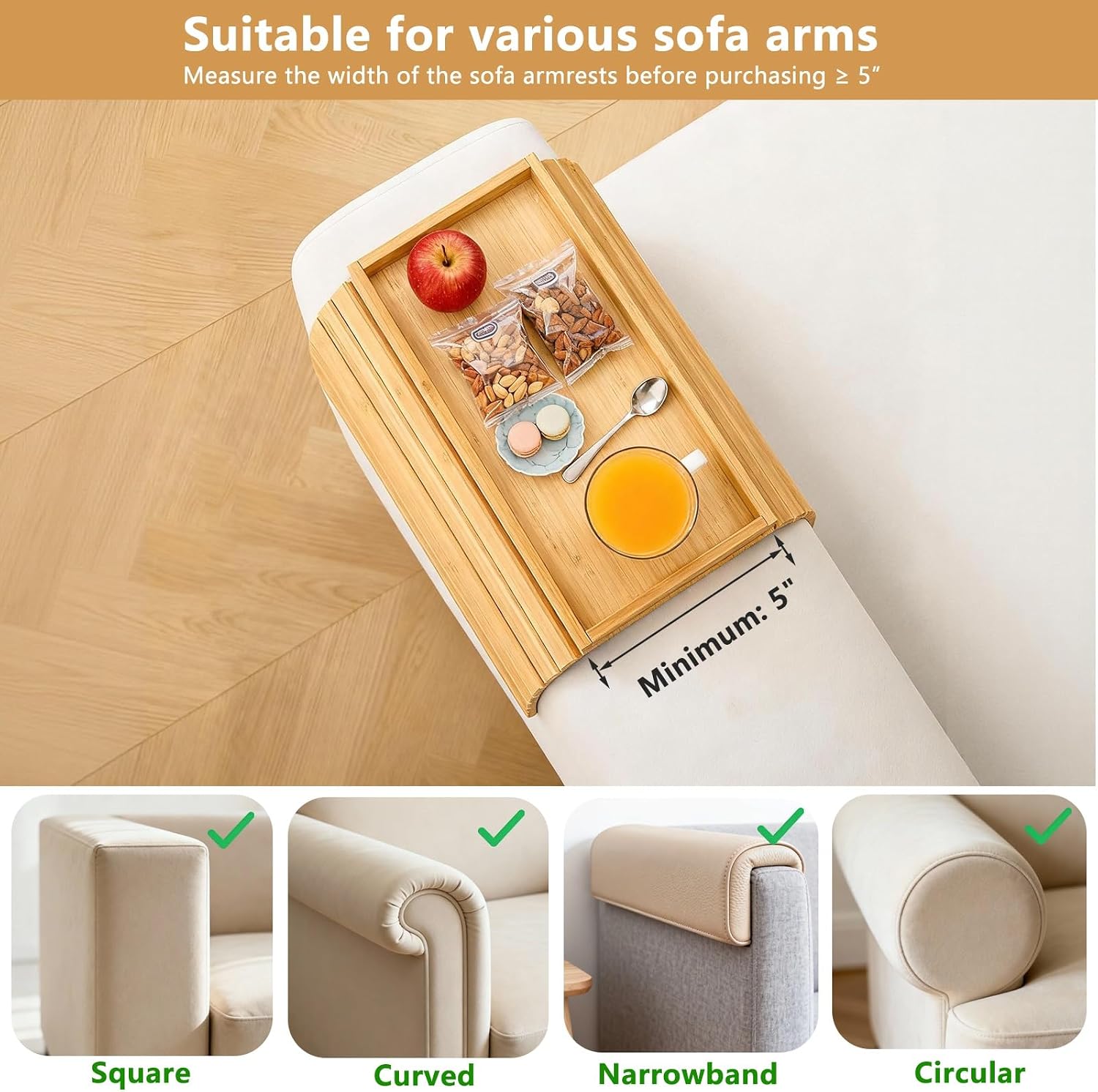Bamboo Couch Arm Tray Table, Foldable Sofa Rest with Non-Slip Base Portable Armchair Cup Phone Holder for Drinks, Remote, Snacks Fits Most Recliners Couches, Easy-Clean Surface(Bamboo)