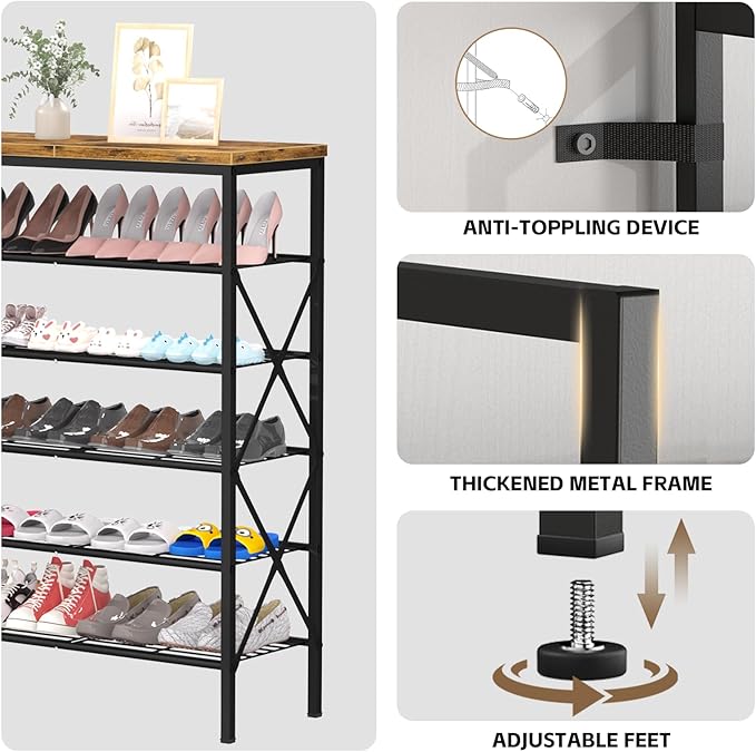 6 Tiers Metal Shoe Rack，Large Capacity Shoe Rack Holds 24 Pairs of Shoes, Durable and Stable, Adjustable Metal Shelf Stackable Shoe Shelf for Entryway, Hallway, Living Room, Closet