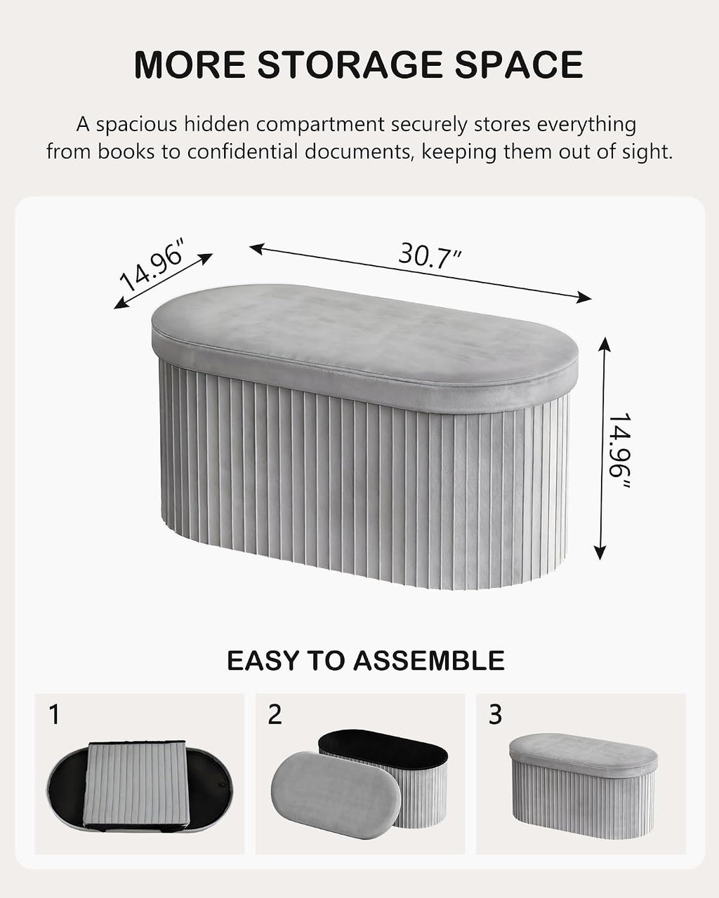 GLAXYFUR Folding Storage Ottoman, Velvet Upholstered Foot Rest, 30 Inches Oval Storage Bench for Bedroom, Living Room & Entryway (Light Grey)