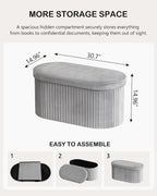 GLAXYFUR Folding Storage Ottoman, Velvet Upholstered Foot Rest, 30 Inches Oval Storage Bench for Bedroom, Living Room & Entryway (Light Grey)
