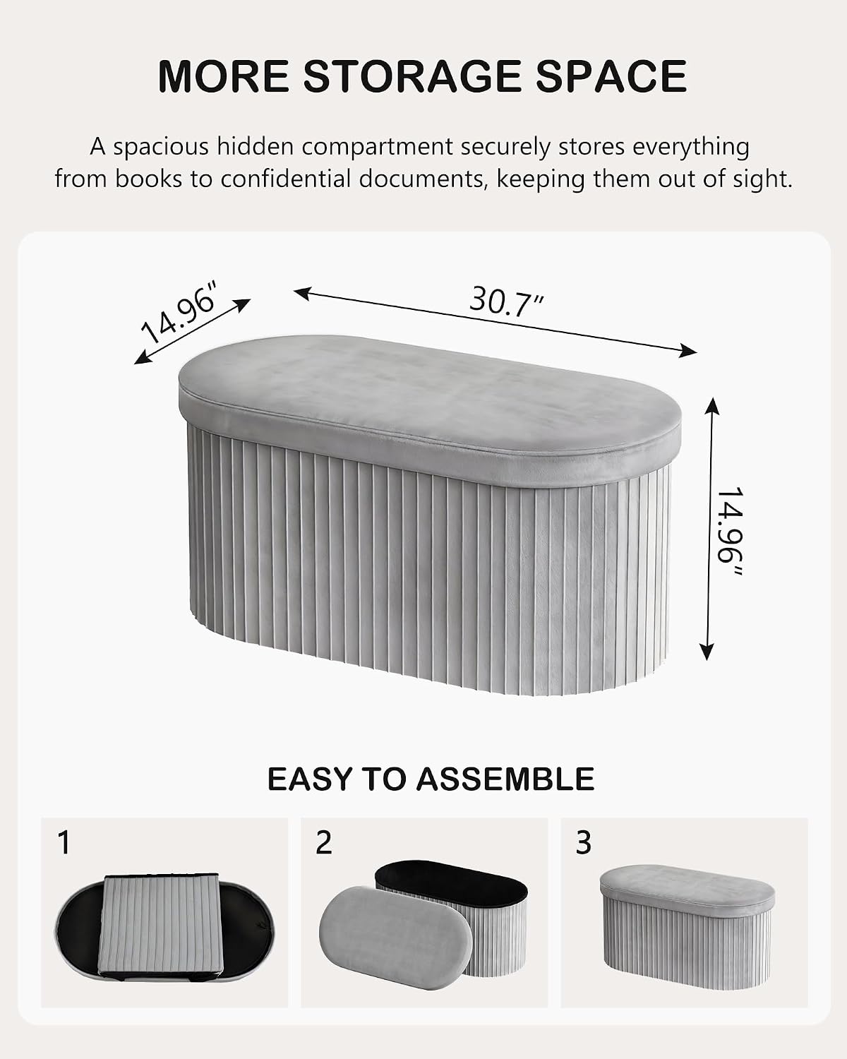 GLAXYFUR Folding Storage Ottoman, Velvet Upholstered Foot Rest, 30 Inches Oval Storage Bench for Bedroom, Living Room & Entryway (Light Grey)