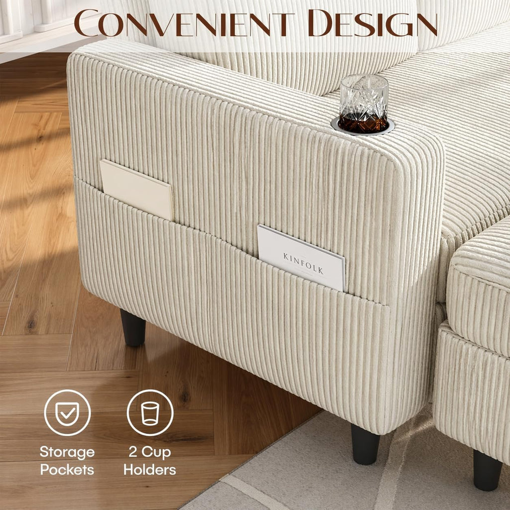 Convertible Sectional Couches for Living Room, 3 Seats L Shaped Sofa with Storage Ottoman & 2 Cup Holders, Modern Corduroy Couch Small Sofas for Small Space, Apartment, Office, Beige