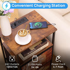 ALBAD Nightstand with Charging Station and LED Lights, Brown Flower Drawers | End Table with USB Ports and Outlets, 2 Fabric Drawers and Open Top Shelf, for Bedroom Bedside, Living Room, Dorm