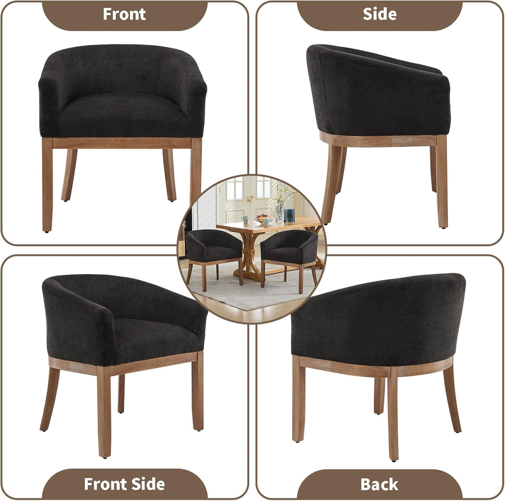 Mid Century Modern Dining Chairs Set of 2, Upholstered Linen Fabric Dining Room Chairs with Arms and Solid Wood Legs, Comfy Barrel Accent Chairs for Dining Room, Living Room, or Cafe, Charcoal Gray