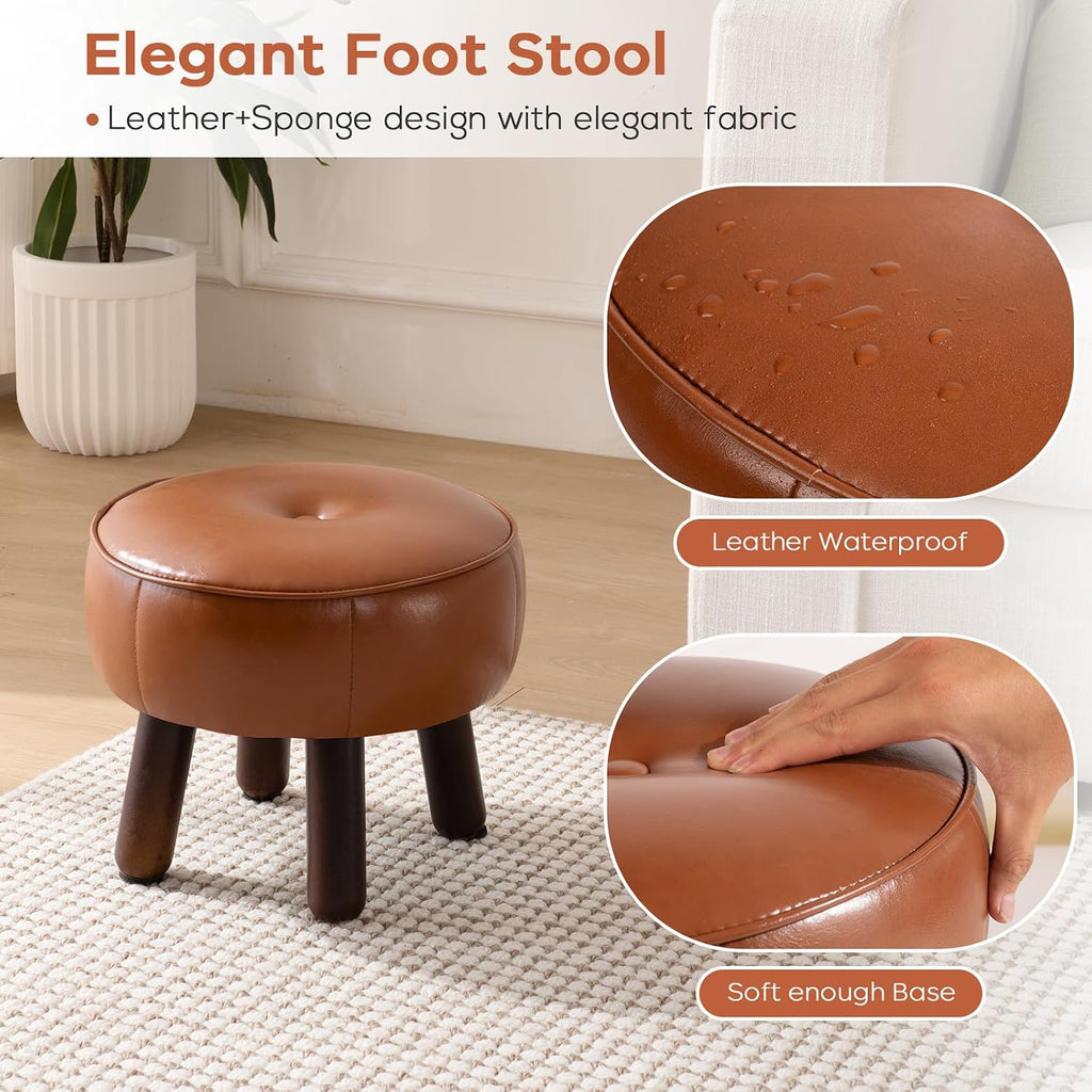 oakvivo Small Foot Stool, 13in Round Faux Leather Pouf Ottoman Foot Rest | Footstool Ottomans with Rubber Legs Under Desk, 13''L x 13''W x 10.2''H, Footrest for Couch, Living Room Bedroom, Brown