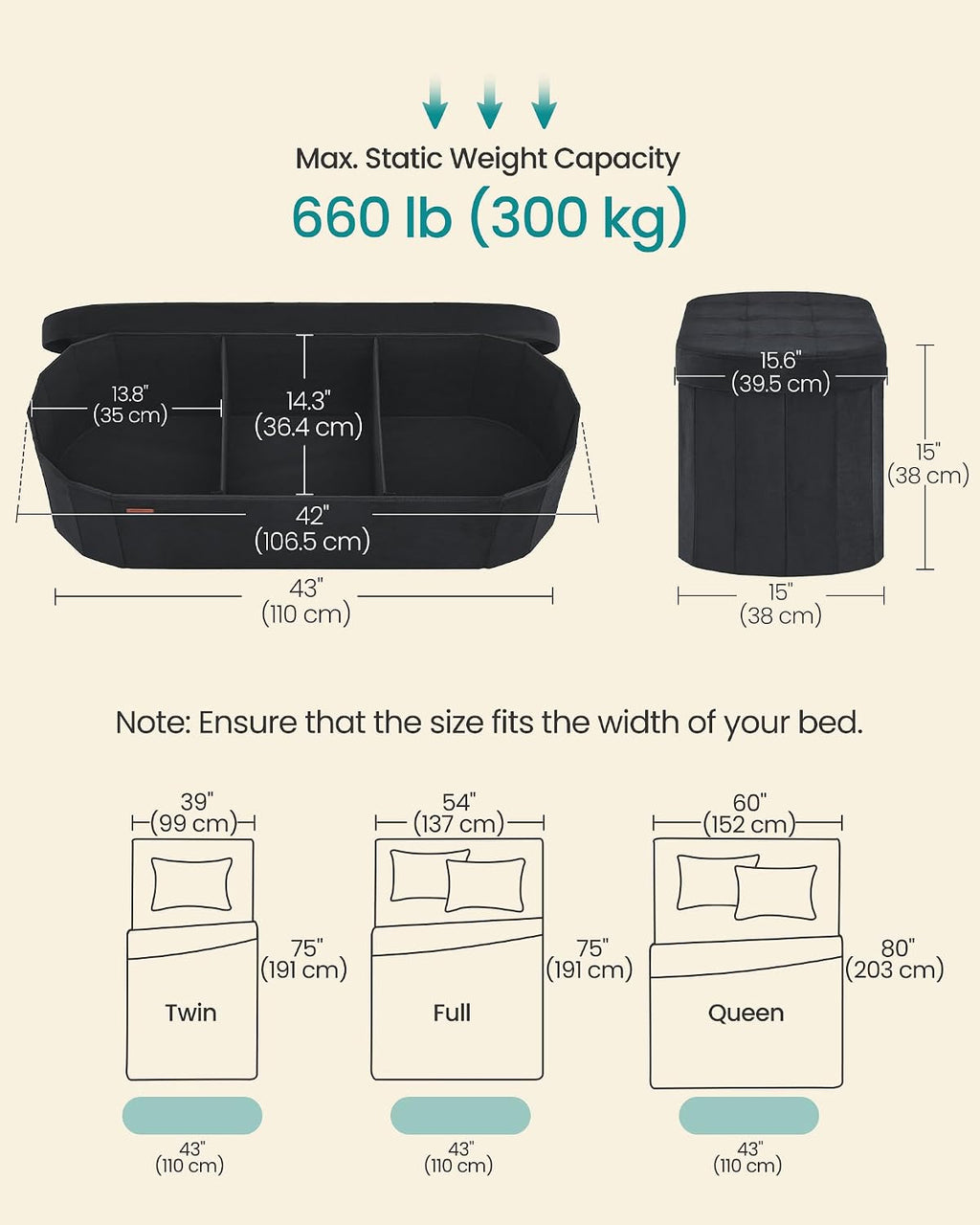 SONGMICS Mazie Collection - Folding Ottoman with Storage, Oval Storage Ottoman Bench, for Living Room, Bedroom, Velvet Fabric, 15 x 43 x 15 Inches, Ink Black ULSF297BH01