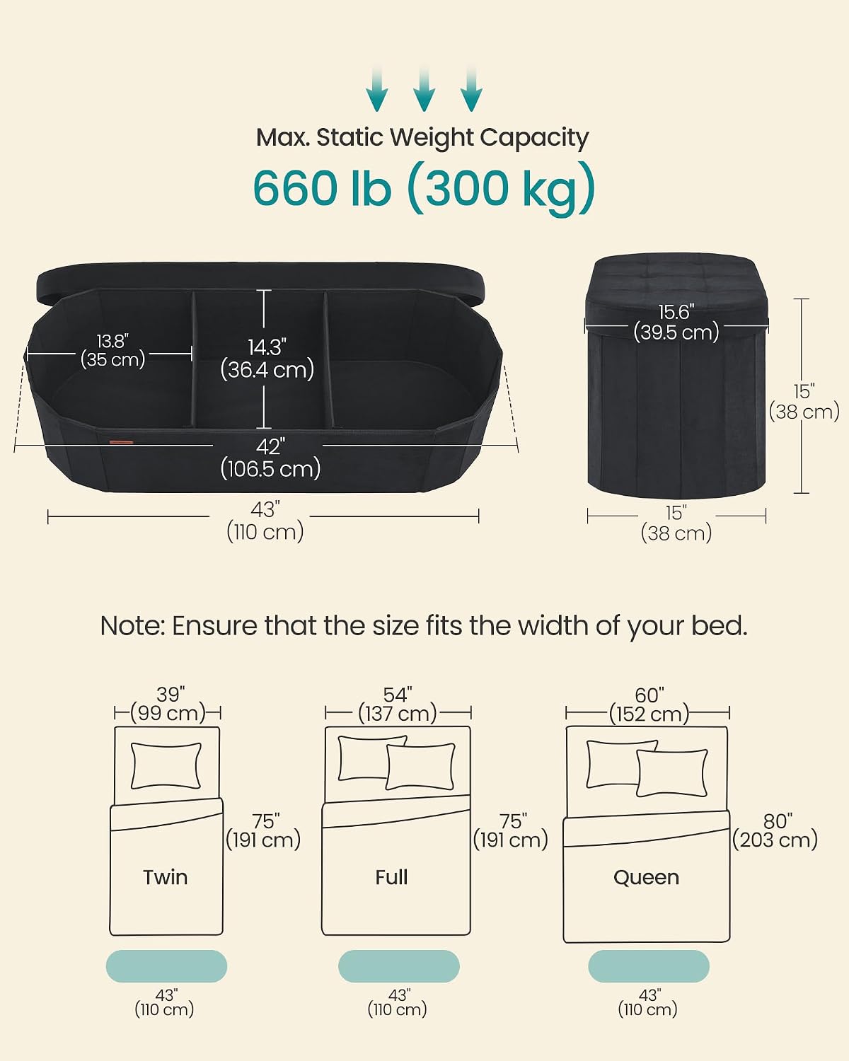 SONGMICS Mazie Collection - Folding Ottoman with Storage, Oval Storage Ottoman Bench, for Living Room, Bedroom, Velvet Fabric, 15 x 43 x 15 Inches, Ink Black ULSF297BH01