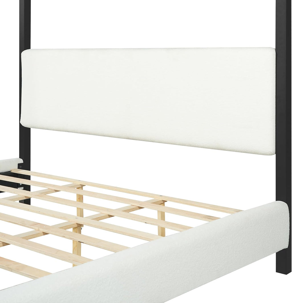 LUMISOL Queen Size Metal Canopy Bed with Upholstered Headboard, Modern Black Four Poster Bed Frame, Heavy Duty Canopy Platform Bedframe with Wood Slat Support & White Boucle Upholstery Fabric