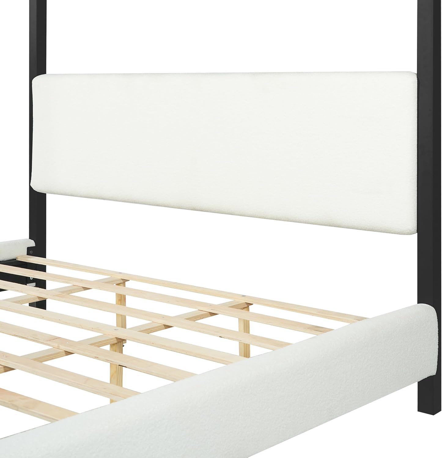 LUMISOL Queen Size Metal Canopy Bed with Upholstered Headboard, Modern Black Four Poster Bed Frame, Heavy Duty Canopy Platform Bedframe with Wood Slat Support & White Boucle Upholstery Fabric