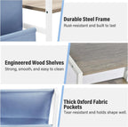 FurnitureR 3-Tier End Table with Record Player Stand and Vinyl Storage, Multi-Purpose Side Table Bookcase and Magazine Rack with Dual-Sided Fabric Pockets, Display Shelf Organizer, Blue/White