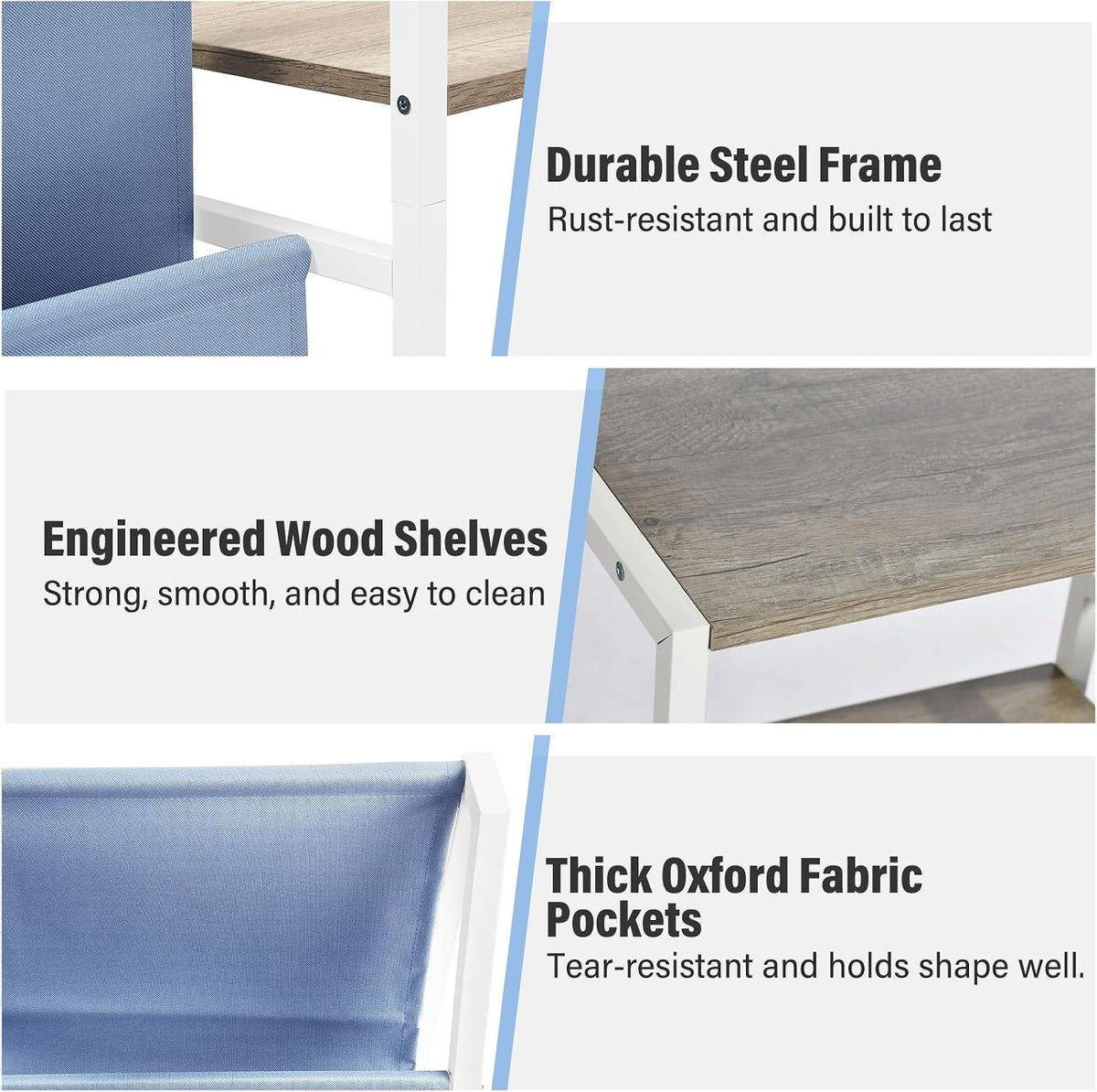 FurnitureR 3-Tier End Table with Record Player Stand and Vinyl Storage, Multi-Purpose Side Table Bookcase and Magazine Rack with Dual-Sided Fabric Pockets, Display Shelf Organizer, Blue/White